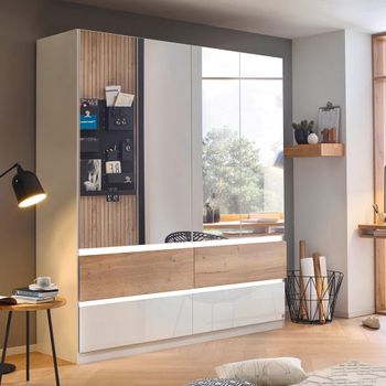 Winnipeg High Gloss Alpine White and Halifax Oak 181cm 4 Door Mirror Wardrobe with Lighting