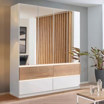 Winnipeg Alpine White and Halifax Oak 181cm 4 Door Mirror Wardrobe with Lighting