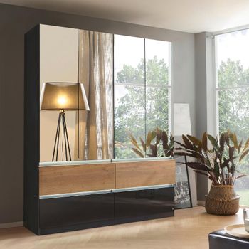 Winnipeg High Gloss Metallic Dark Grey and Halifax Oak 181cm 4 Door Mirror Wardrobe with Lighting