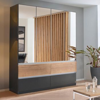 Winnipeg Metallic Dark Grey and Halifax Oak 181cm 4 Door Mirror Wardrobe with Lighting