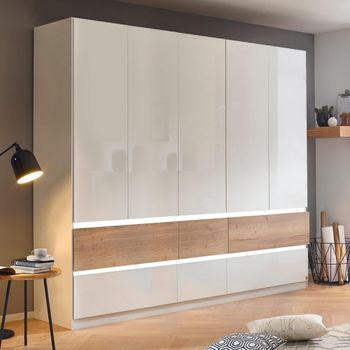 Winnipeg High Gloss Alpine White and Halifax Oak 226cm 5 Door Wardrobe with Lighting