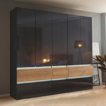 Winnipeg High Gloss Metallic Dark Grey and Halifax Oak 226cm 5 Door Wardrobe with Lighting