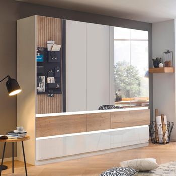 Winnipeg High Gloss Alpine White and Halifax Oak 226cm 5 Door Mirror Wardrobe with Lighting