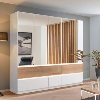 Winnipeg Alpine White and Halifax Oak 226cm 5 Door Mirror Wardrobe with Lighting