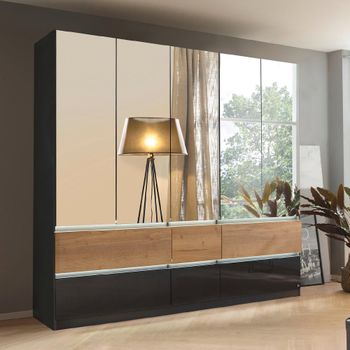 Winnipeg High Gloss Metallic Dark Grey and Halifax Oak 226cm 5 Door Mirror Wardrobe with Lighting