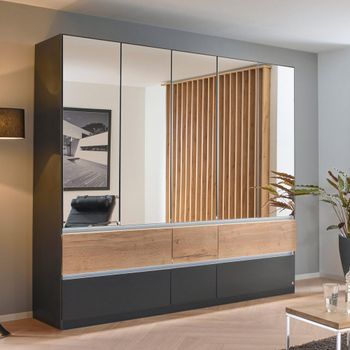 Winnipeg Metallic Dark Grey and Halifax Oak 226cm 5 Door Mirror Wardrobe with Lighting