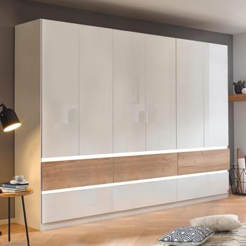 Winnipeg High Gloss Alpine White and Halifax Oak 271cm 6 Door Wardrobe with Lighting