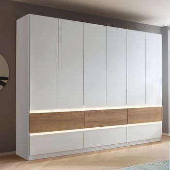 Winnipeg Alpine White and Halifax Oak 271cm 6 Door Wardrobe with Lighting