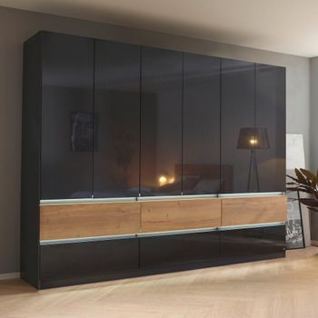 Winnipeg High Gloss Metallic Dark Grey and Halifax Oak 271cm 6 Door Wardrobe with Lighting
