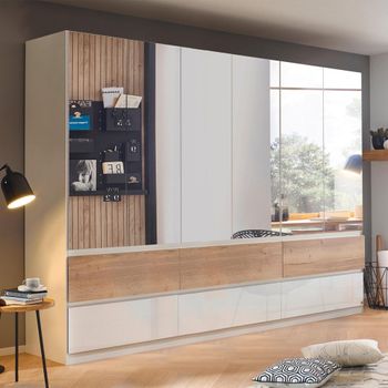 Winnipeg High Gloss Alpine White and Halifax Oak 271cm 6 Door Mirror Wardrobe