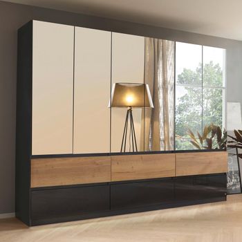 Winnipeg High Gloss Metallic Dark Grey and Halifax Oak 271cm 6 Door Mirror Wardrobe