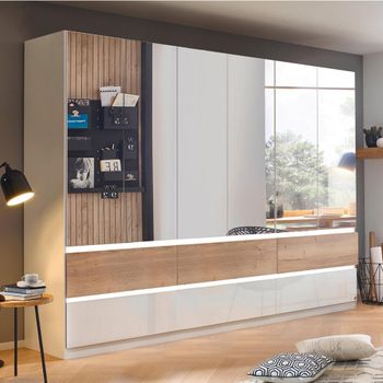 Winnipeg High Gloss Alpine White and Halifax Oak 271cm 6 Door Mirror Wardrobe with Lighting