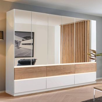 Winnipeg Alpine White and Halifax Oak 271cm 6 Door Mirror Wardrobe with Lighting