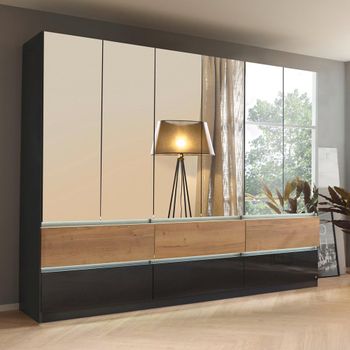 Winnipeg High Gloss Metallic Dark Grey and Halifax Oak 271cm 6 Door Mirror Wardrobe with Lighting