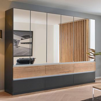 Winnipeg Metallic Dark Grey and Halifax Oak 271cm 6 Door Mirror Wardrobe with Lighting