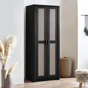 Sydney Black and Faux Rattan 2 Door Wardrobe