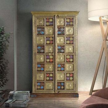 Trona Acacia Wood Brass Cladded 2 Door Wardrobe