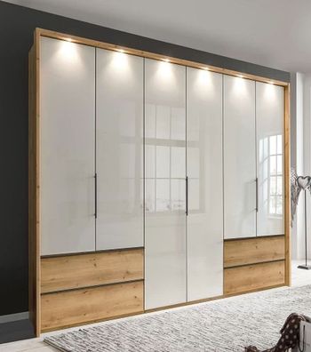 Asmara Oak and Grey Glass 6 Door 4 Drawer Wardrobe