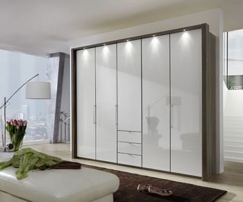 Loft Grey Glass and Oak Carcase 5 Door Bi Fold 3 Drawer Wardrobe