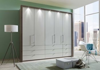 Loft Grey Glass and Oak Carcase 5 Door Bi Fold 9 Drawer Wardrobe