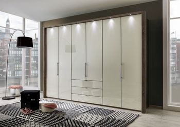 Loft Magnolia Glass and Oak Carcase 6 Door Bi Fold 3 Drawer Wardrobe