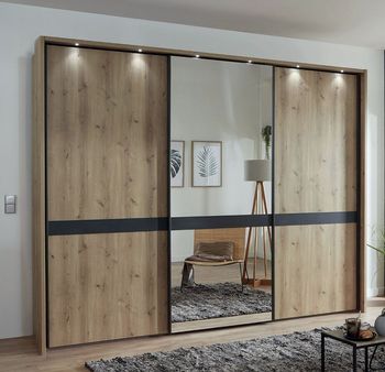 Rialto Oak and Slate Trim 3 Door Mirror Sliding Wardrobe