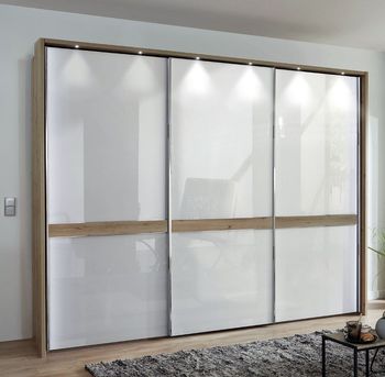 Rialto White Glass and Oak Trim 3 Door Sliding Wardrobe