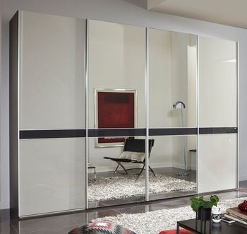 Rialto White Glass and Graphite Trim 300cm 4 Door Mirror Sliding Wardrobe