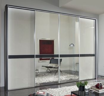 Rialto White Glass and Graphite Trim 330cm 4 Door Mirror Sliding Wardrobe