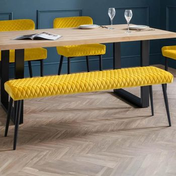 Luxe Mustard Velvet and Black Fabric and Metal Dining Bench