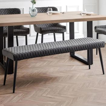 Luxe Grey Velvet and Black Fabric and Metal Dining Bench