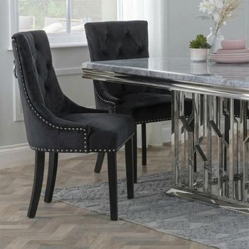 Knocker Back Black Velvet Fabric Dining Chair with Black Wooden Legs