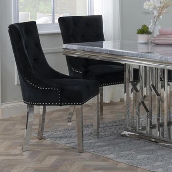 Knocker Back Black Velvet Fabric Dining Chair with Chrome Legs