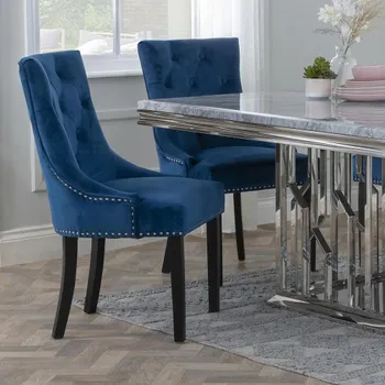 Clearance - Knocker Back Blue Velvet Fabric Dining Chair with Black Wooden Legs