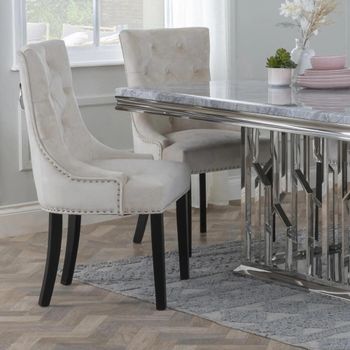 Knocker Back Champagne Velvet Fabric Dining Chair with Black Wooden Legs