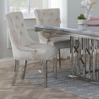 Knocker Back Champagne Velvet Fabric Dining Chair with Chrome Legs
