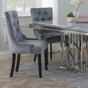 Knocker Back Grey Velvet Fabric Dining Chair with Black Wooden Legs
