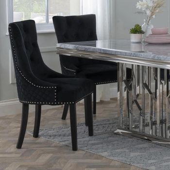 Lion Knocker Back Black Velvet Fabric Dining Chair with Black Wooden Legs