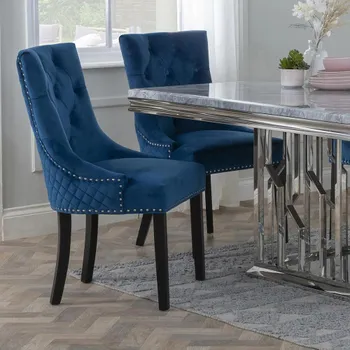 Clearance - Lion Knocker Back Blue Velvet Fabric Dining Chair with Black Wooden Legs