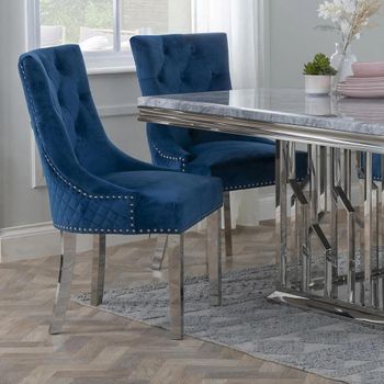 Clearance - Lion Knocker Back Blue Velvet Fabric Dining Chair with Chrome Legs