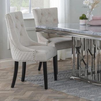 Lion Knocker Back Champagne Velvet Fabric Dining Chair with Black Wooden Legs