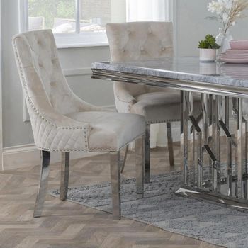 Lion Knocker Back Champagne Velvet Fabric Dining Chair with Chrome Legs