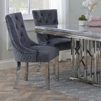 Lion Knocker Back Grey Velvet Fabric Dining Chair with Chrome Legs