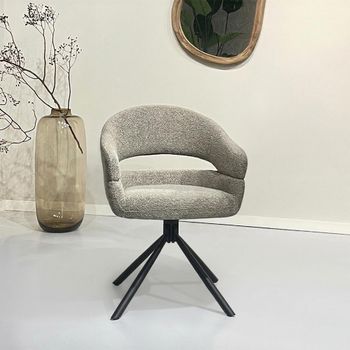 2 x Linn Swivel Dining Taupe Fabric and Metal Curved Back Armchair with Black Legs
