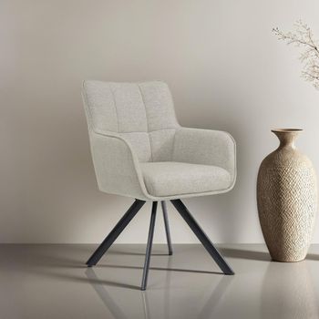 2 x Tori Swivel Dining Sand Fabric and Metal Armchair with Black Legs