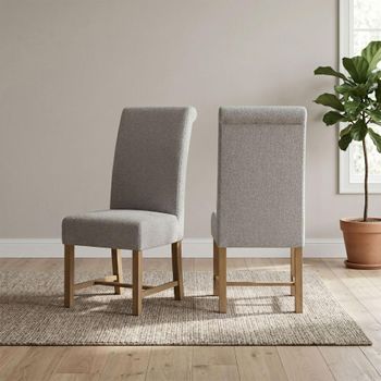 2 x Chateau Grey Fabric and Pine Roll Back Dining Chair