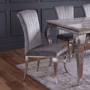 Louis Grey Velvet Fabric Dining Chair with Chrome Legs