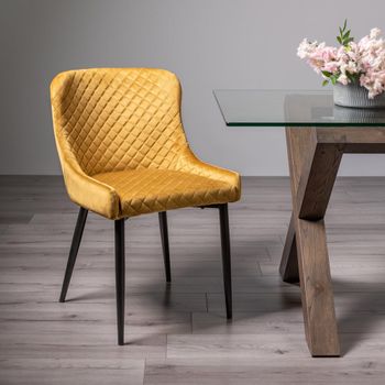 2 x Cezanne Mustard Velvet Dining Chairs with Black Legs
