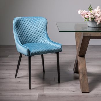 2 x Cezanne Dining Chairs Petrol Blue Velvet Black Legs