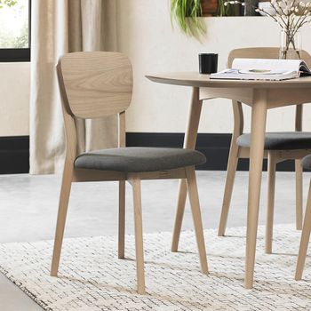 2 x Dansk Scandi Oak Dining Chairs Veneer Back Cold Steel Fabric